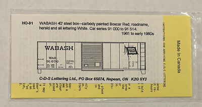 #ad CDS HO SCALE DRY TRANSFER WABASH WAB 40’ BOX CAR RED w FLAG HERALD #HO 91 $5.50