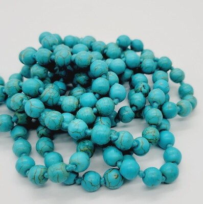 #ad Turquoise Colored Dyed Stone BALL Necklace EXTRA LONG 64quot; Knotted $27.88