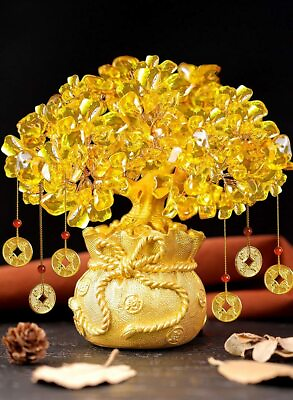#ad Feng Shui Golden Crystal Money Citrine Tree Hangs Lucky Cold Coins Bonsai Style $66.23