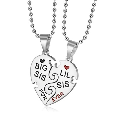 #ad Big Sis Lil Sis For Ever Heart Shape Necklace 2pcs Set Silver Stainless Silver $5.00