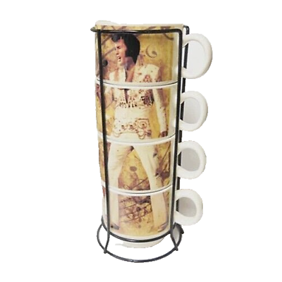 #ad Elvis Presley 4 Coffee Cups Set Stackable w Rack Ceramic Aloha Pic NEW $28.77