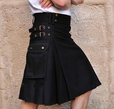 #ad Mens Utility Modern Hybrid Cotton Tartan Kilts Male Scottish Pleated Skirt Black $27.70