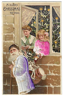 #ad Purple Felt Santa Claus w. Children Tree Antique Novelty Christmas Postcard h594 $32.00