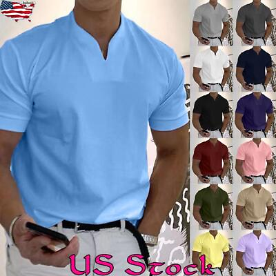 #ad Mens Solid Casual V Neck Short Sleeve T shirts Slim Fit Blouse Gym Tops Tees OL $15.69