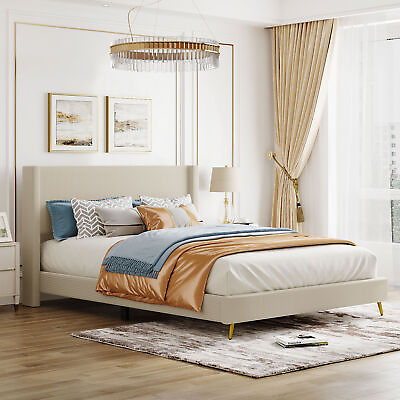 #ad Beige Queen Corduroy Bed with Sturdy Metal Legs Platform Design Size Queen $261.71