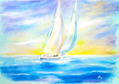 #ad Sailboat Painting Sunrise Original Oil Pastel Seascape Wall Art 11x16 in $100.00