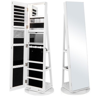 #ad 360° Rotating Mirrored Jewelry Cabinet Lockable Full Length W 3 Color LED Modes $178.97