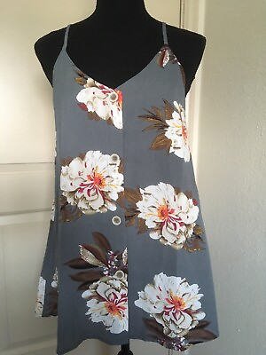 #ad Kilig Women#x27;s Small Sleeveless Tops Gray White Floral Button Front Fast Ship $9.99
