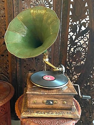 #ad Wood Solid HMV Gramophone Fhonograpf win up record pl Fully Functional working $418.29