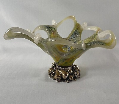 #ad Odd Art Glass Bowl w Pot Metal Fruit Base White Spatter Over Colorful Interior $19.99