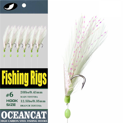 #ad #ad 6 Hooks set Sabikis White Feather Fish Skin String Hook Fishing Lure Rigs Tackle $62.49