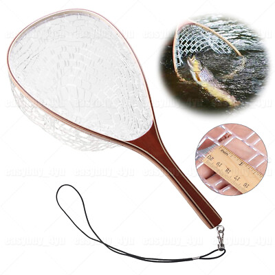 #ad Fly Fishing Landing Net Wooden Handle Rubber Mesh Trout Catch Release Net 62cm $15.99