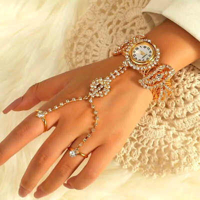 #ad Women Shiny Rhinestone Chain Tassel Watch Gorgeous Round Bracelet Ring Watch $28.98