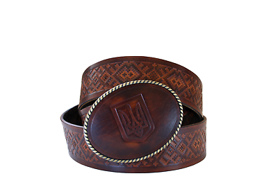#ad Dark brown Handmade vegetable tanned leather belt with Ukrainian $169.00