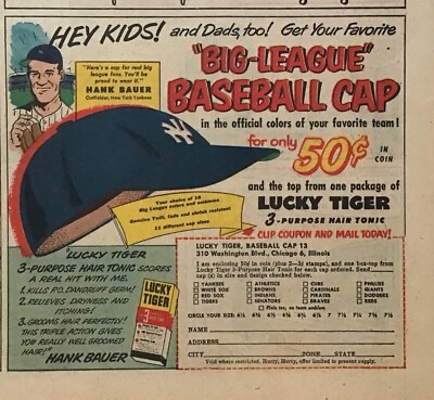 #ad 1952 Sunday comic newspaper ad for Lucky Tiger Hair Tonic NYY Hank Bauer $4.95