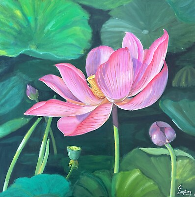 #ad Handmade Classic Oil painting Lotus Flower on Canvas Linen 24x24quot; $200.00