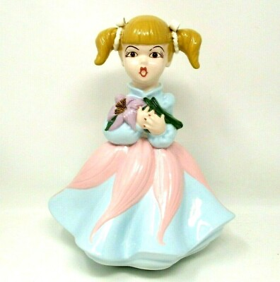 #ad Vintage Girl Figurine Holding Lily Flower Pig Tails Ceramic Large 11quot; Mod MCM $13.99