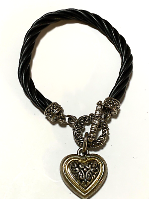 #ad Silver Tone Heart Charm Braided Leather Cord Bracelet Black 7quot; $14.00