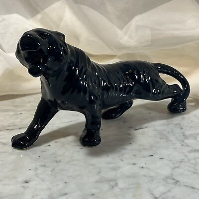 #ad 11.5” Vintage Tiger Statuette Black Glazed Ceramic Large Cat Figurine MCM❤️ $46.50