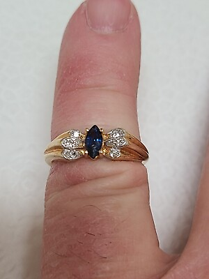 #ad Vintage Antique Look Sapphire N Diamond Ring 14k Yellow Gold 6x3 Sapphire Size 6 $575.00