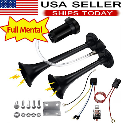#ad Super Loud Dual Trumpet Air Horn Kit With Compressor for Any 12V Vehicles Trucks $22.99