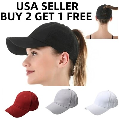 #ad Solid Color Ponytail Baseball Cap Cotton Polo Style Caps Plain Adjustable $9.99