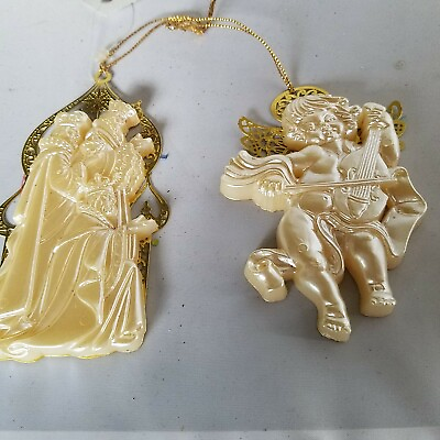 #ad 3 Kings and Angel Gold Filigree Back White Plastic Front Christmas Ornaments $4.00