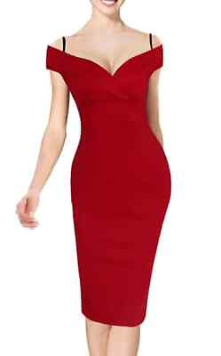 #ad Red Off Shoulder Strappy Knee Length Bodycon Pencil Dress sizes UK 14 and 16 GBP 12.99