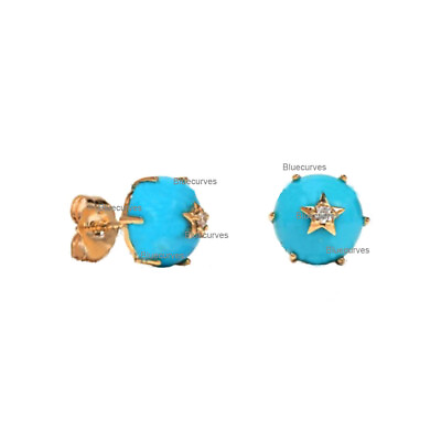 #ad Mini Star Diamond amp; Arizona Turquoise 6 Prong Stud Earrings 14kYellow Solid Gold $432.25