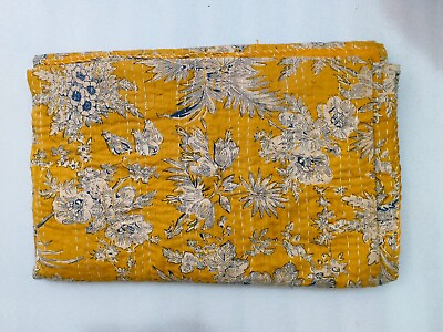 #ad Indian Kantha Quilt Queen Block Printed Handmade Cotton Bedspread Blanket Throw $53.08