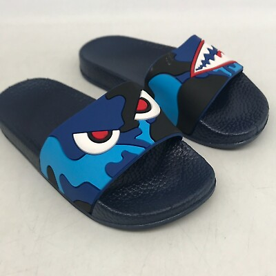 #ad Unisex Kids Cartoon Shark Open Toe Slip On Blue Flat Slide Slipper Size 9.5 $28.99
