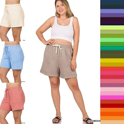#ad 1X 2X 3X Women#x27;s Cotton Drawstring Elastic Waist Shorts with Pockets Relaxed Fit $10.00