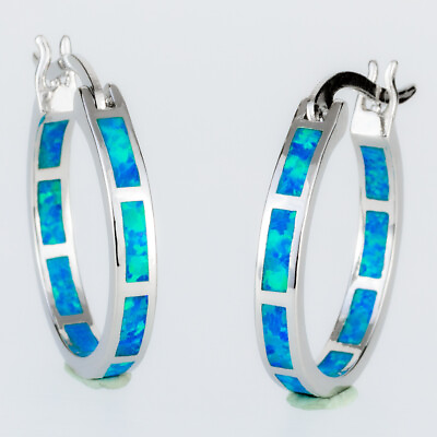 #ad Ocean Blue Fire Opal Silver Jewelry Snap Closure Hoop Earrings $5.49