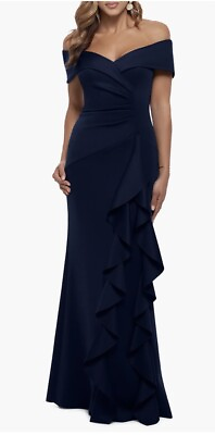 #ad NWT Xscape Ava Off the Shoulder Side Ruffle Gown Dress Midnight Navy Sz 6 $288 $129.99