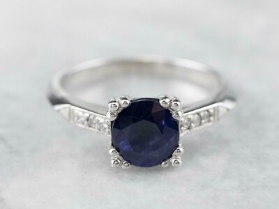 #ad 1.10ct Round Cut Blue Sapphire Solid 14K White Gold Genuine Diamond Women#x27;s Ring $749.99