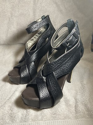 #ad BCBGMAXAZRIA Open Toe Brown Leather White Heel Zip Sandal Shoes 6.5B $22.00