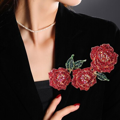 #ad Charming Woman#x27;s Fashion Rose Brooch Rhinestone Alloy Plant Pin Accessories $7.19