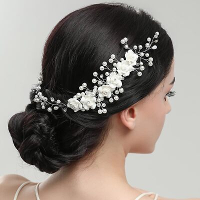 #ad Pearl Hair Comb Wedding Bridal White Rose Flower Silver Headband Classic Wedd... $26.80