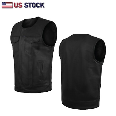 #ad Men#x27;s SOA Collarless Leather Vest Motorcycle Biker Club Concealed Carry Outlaws $52.95
