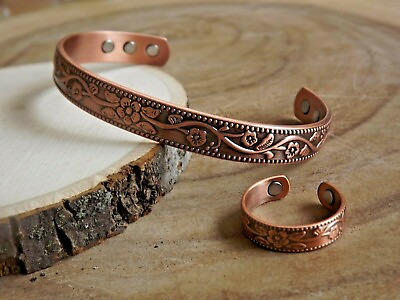 #ad Solid Copper Magnetic Bracelet Ring Set Arthritis Men Women Cuff Ring Set Flower $8.75