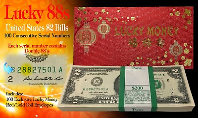 #ad CNY Lucky Money $2 Bills BEP Pack of 100 Consecutive All Double 88 Serial #’s $588.00