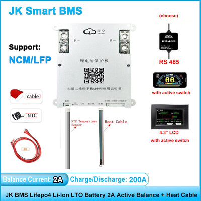 #ad JK Smart BMS Lifepo4 Li Ion LTO Battery 2A 4 8S 200A Active BalanceHeat Cable $97.06