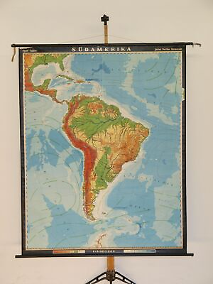 #ad South America Physisch Caribbean To Chile 1967 Schulwandkarte Wall Map $222.16