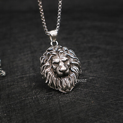 #ad Mens Stainless Steel Large Lion Head 24 Inch Pendant Necklace Chain Gift $10.99