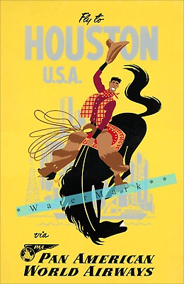 #ad Houston Texas 1950 Pan American Air Vintage Poster Print Retro Style Travel Art $26.89