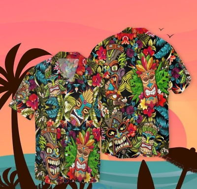 #ad Amazing Tiki Hawaiian Shirt Summer Tropical Short Sleeves Button Top S 5Xl $29.99