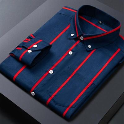 #ad Mens Dress Shirts Long Sleeves Slim Fit Camisas Striped Cotton Casual Shirts Top $13.99