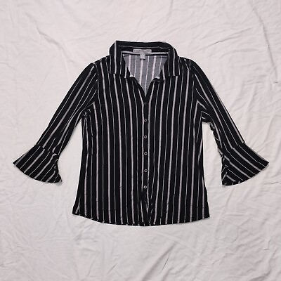 #ad By Design Womens Black White Striped Satin Bell Sleeve Button Down Shirt Medium $14.99