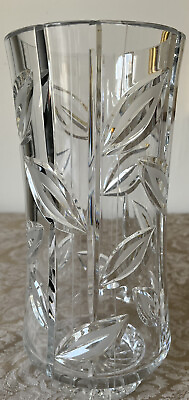 #ad Deep Cut Crystal Vase Leaf Pattern Clear Matte 11 inch Beauty $28.00