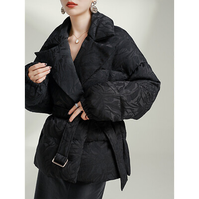 #ad Goose Down Jacket Belted Slim Waist Down Printed Womens Black Lapel Coat Outwear $172.73